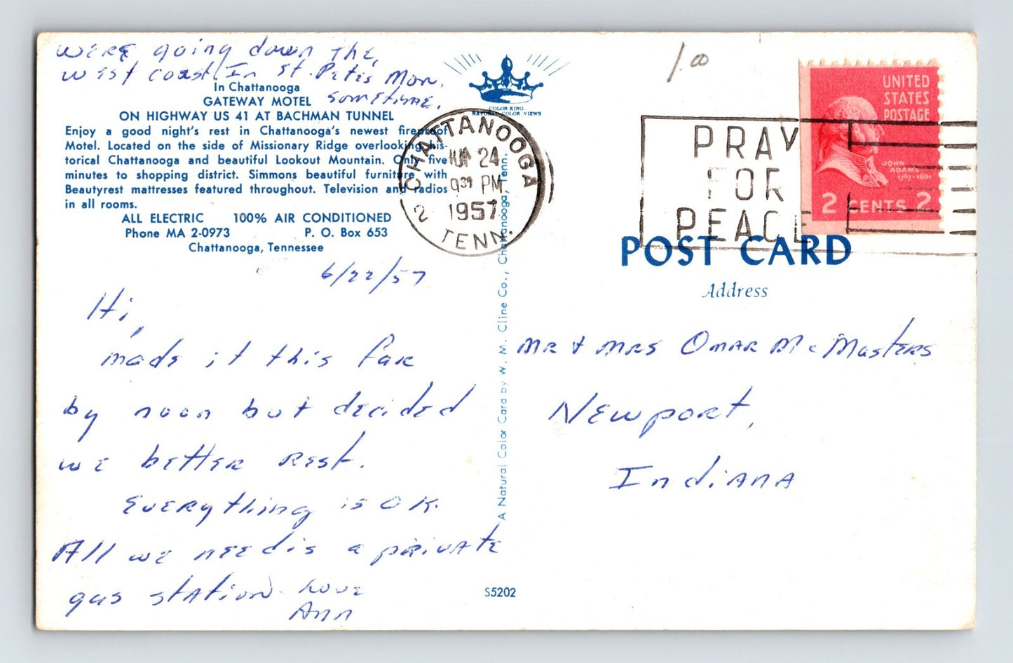 Chattanooga Tennessee Gateway Motel 1957 Postcard Posted Chrome