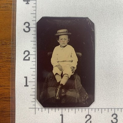 Little Boy Straw Hat 1860s Tintype Photograph Sixth-Plate