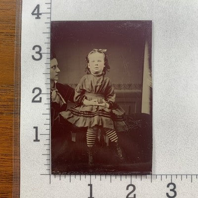 Tintype Photograph Deceased Little Girl Striped Leggings Unusual Sixth-Plate