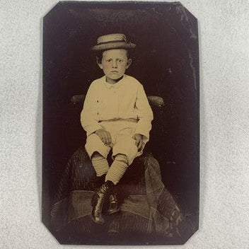 Little Boy Straw Hat 1860s Tintype Photograph Sixth-Plate