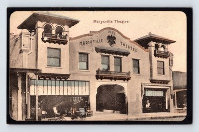 Marysville California theatre building storefronts 1910s postcard mounted backing
