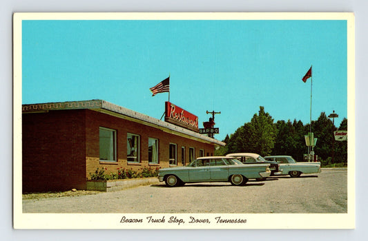 Dover Tennessee Beacon Truck Stop Bar B Q building with cars 1960s chrome postcard