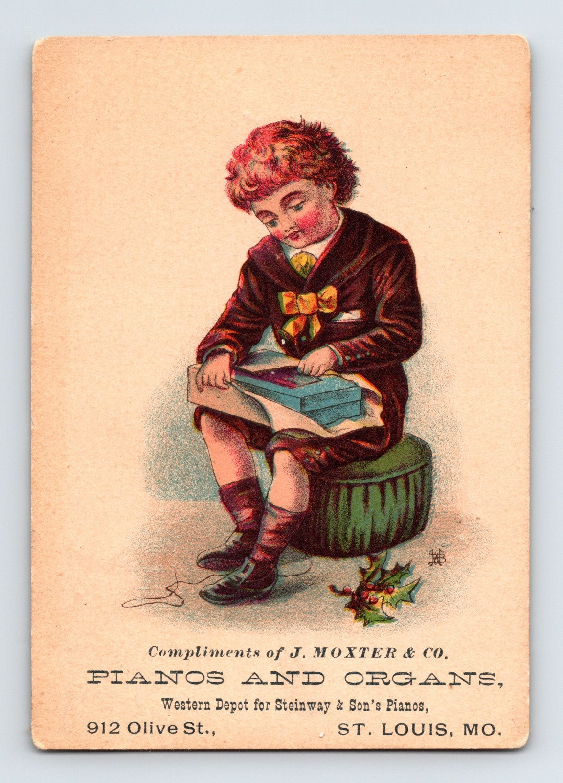 St Louis MO Moxter Pianos Organs Christmas Boy 1890s Trade Card 4.5 x 3