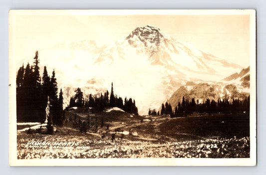 Mount Rainier Washington Indian Henry’s Hunting Ground real photo postcard, alpine meadow with evergreen trees and snow-capped peak, 1920s