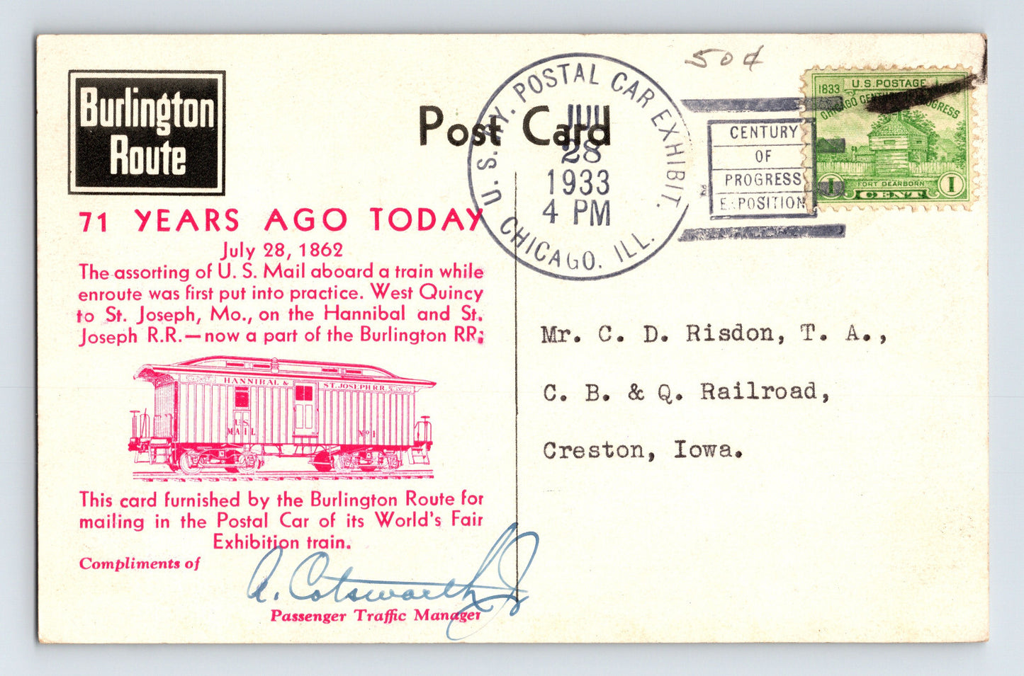 Burlington Route Railway Post Office 1933 Commemorative Postcard Divided Back