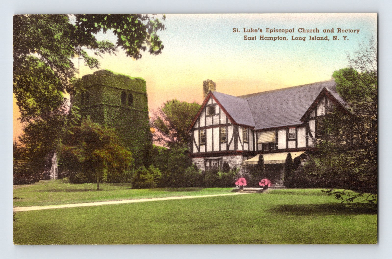 St. Luke’s Episcopal Church and rectory East Hampton Long Island New York handcolored postcard showing ivy-covered tower and Tudor style parish house with lawn and walkway