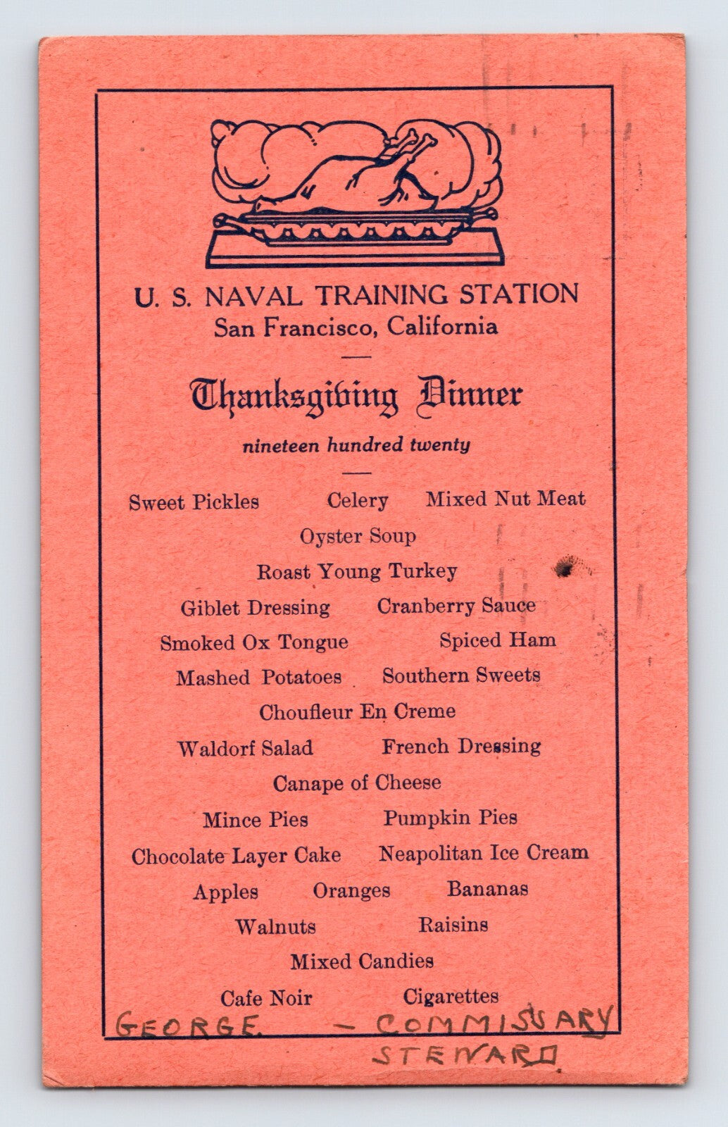 San Francisco California U.S. Naval Training Station Thanksgiving Dinner Menu 1920 Postcard