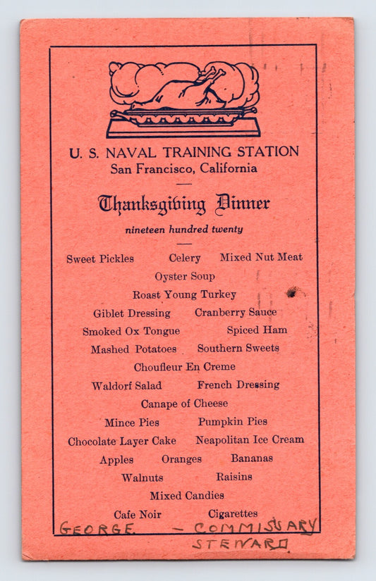 San Francisco California U.S. Naval Training Station Thanksgiving Dinner Menu 1920 Postcard
