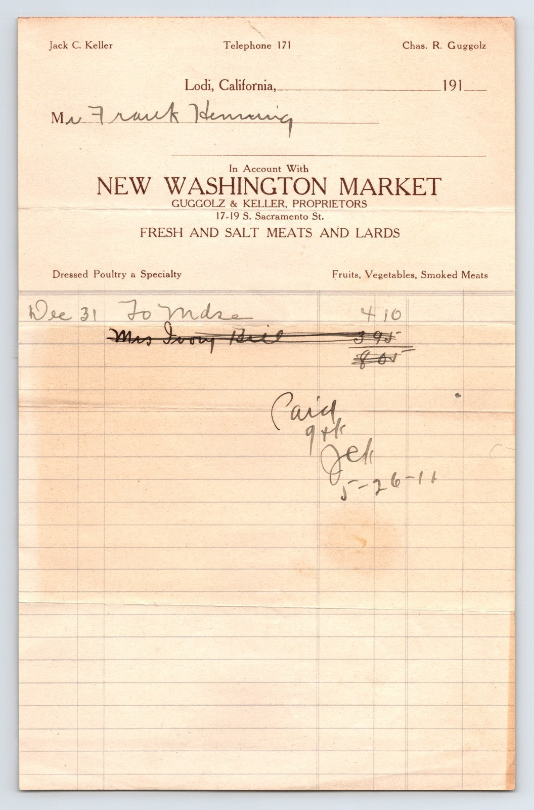 Lodi California New Washington Market butcher billhead meats ledger handwritten 1910 document