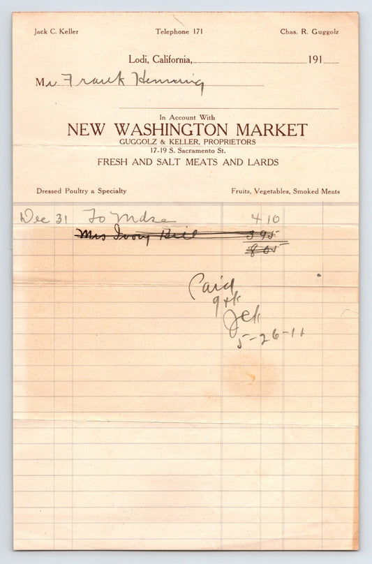 Lodi California New Washington Market butcher billhead meats ledger handwritten 1910 document