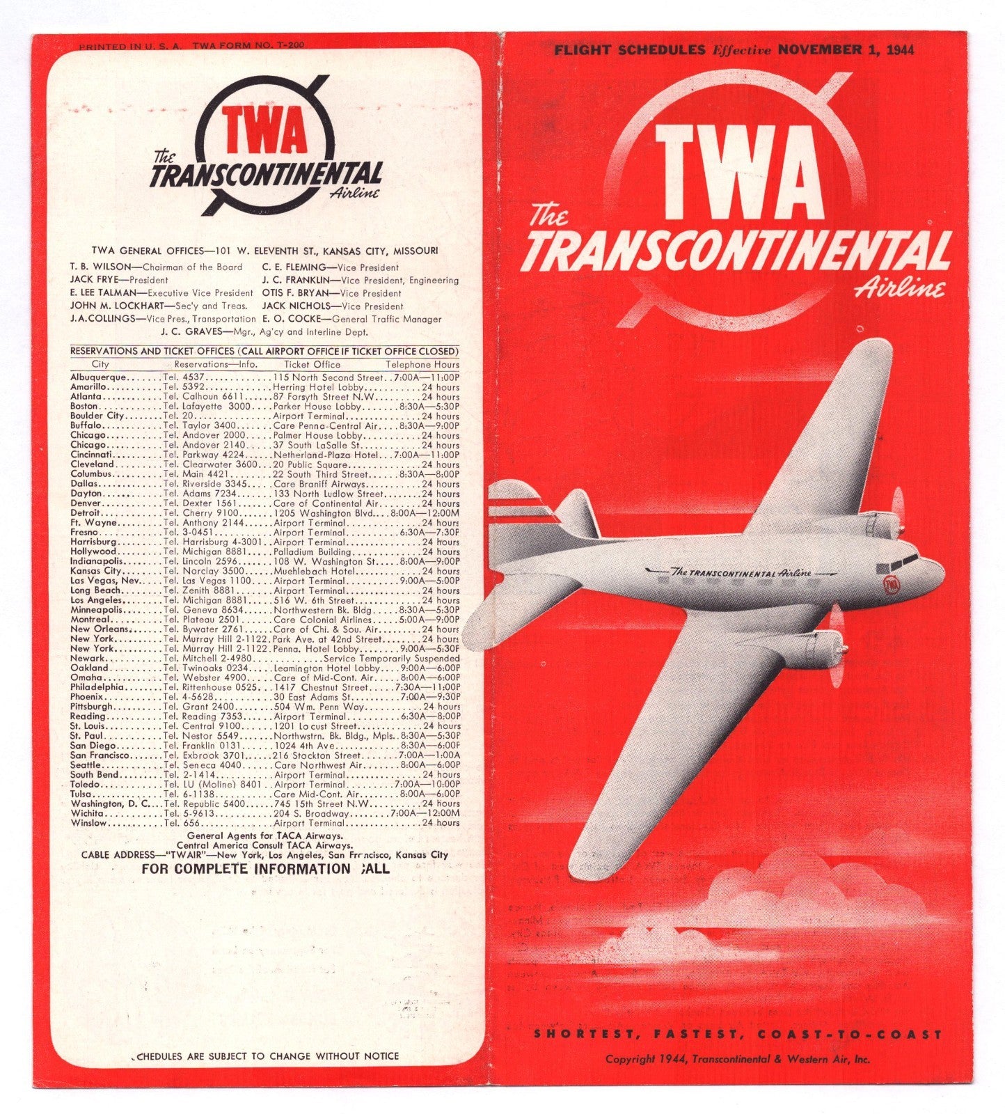 1944 TWA Transcontinental and Western Air system timetable brochure cover with red background, circular TWA logo, and silver propeller aircraft in flight above clouds.
