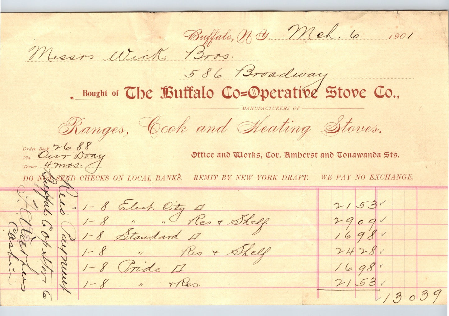 Buffalo New York 1901 Buffalo Co-Operative Stove Billhead - 8.5 x 5.5