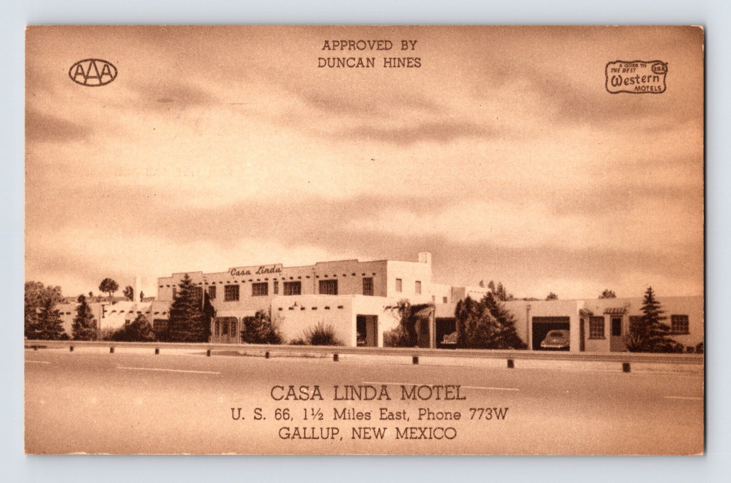 Gallup New Mexico Casa Linda Motel Route 66 building AAA Duncan Hines 1940s postcard