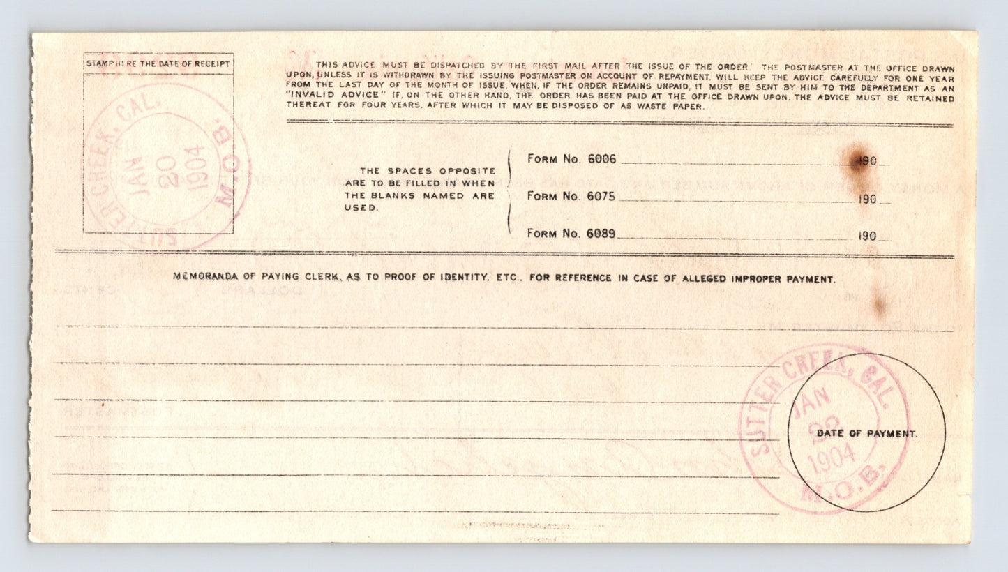 Jamestown California 1904 Postal Money Order Advice – 3.5 x 6.25