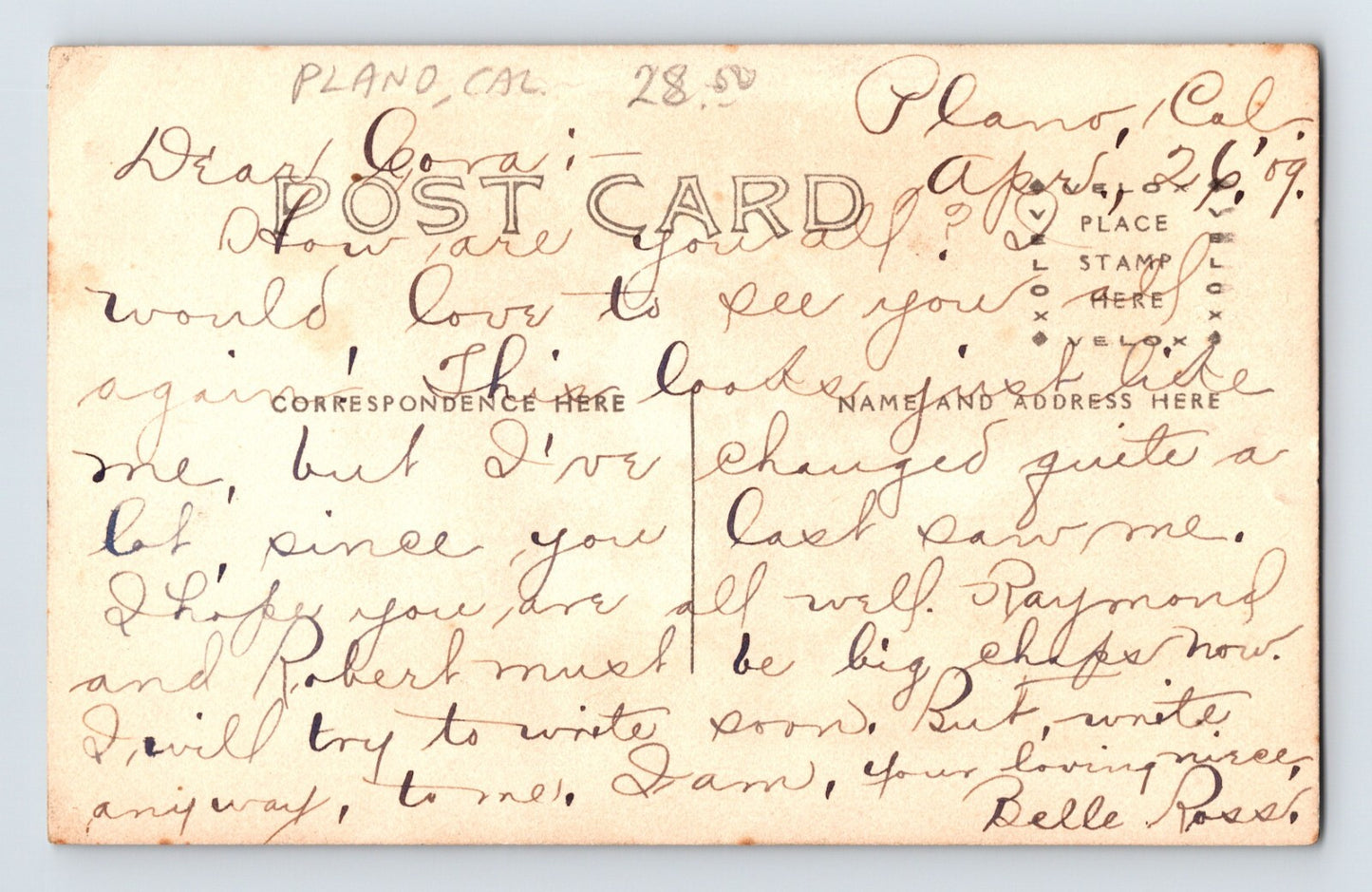 Plano California Belle Ross Portrait 1909 RPPC Postcard Unposted