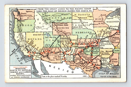 Color railroad route map postcard showing Santa Fe Railway lines from Chicago to Los Angeles with Fred Harvey hotels indicated across western United States