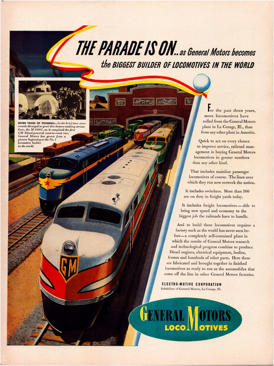 General Motors locomotives 1941 train print ad Electro Motive diesel engines full page illustration 10.5 x 13.5