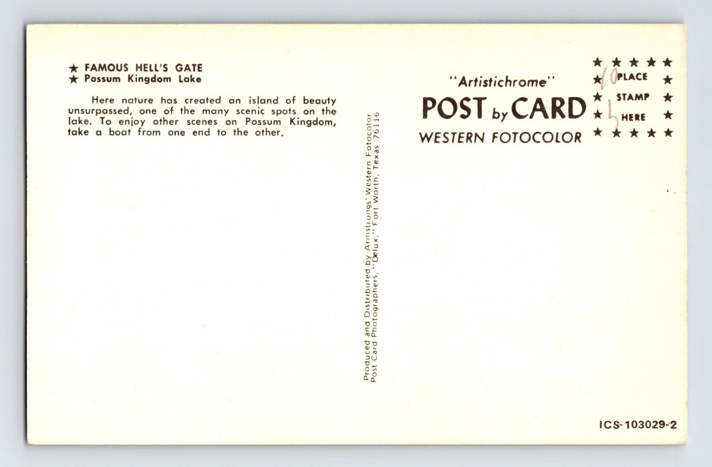 Possum Kingdom Lake Texas Hell’s Gate 1970s Postcard Unposted Chrome
