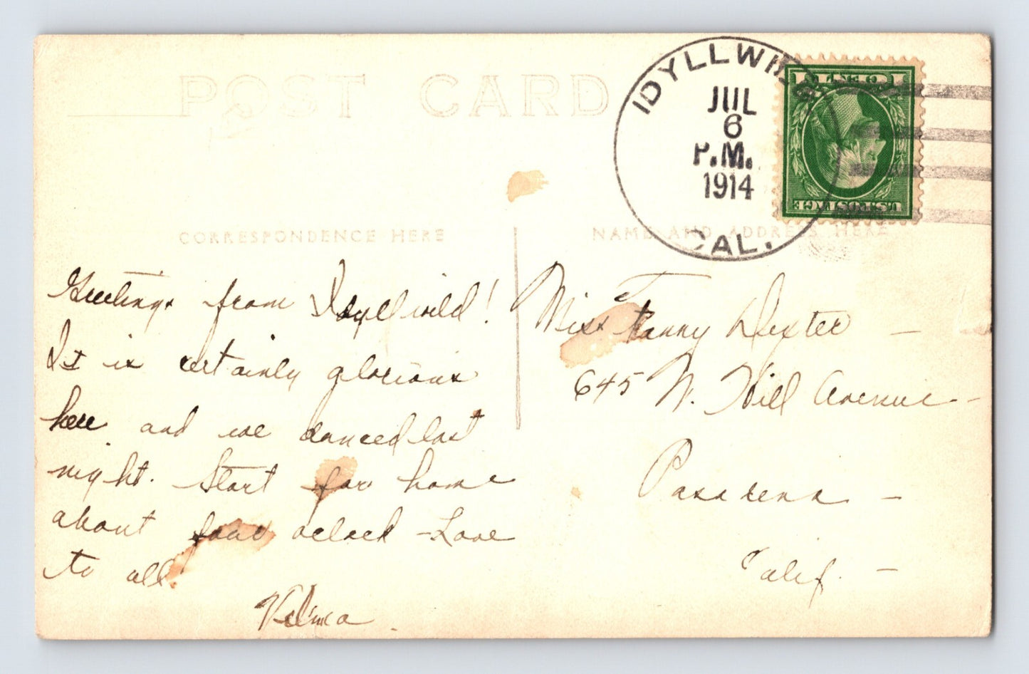 Idyllwild California Bungalow Hotel 1914 RPPC Postcard Divided Back