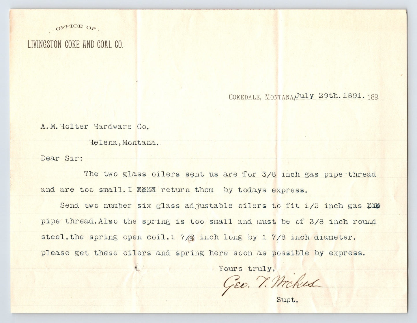 Cokedale, Montana July 29, 1891 typed business letter on Livingston Coke and Coal Co letterhead regarding glass oilers and gas pipe fittings