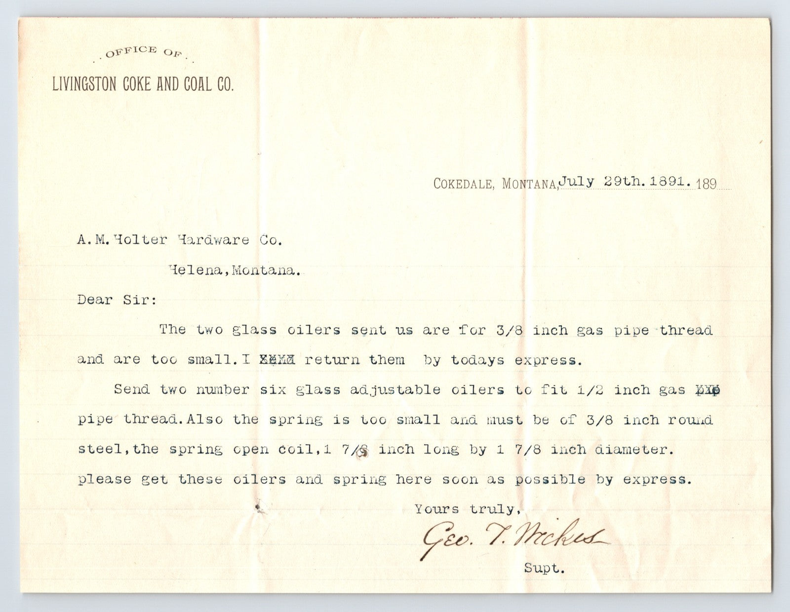 Cokedale, Montana July 29, 1891 typed business letter on Livingston Coke and Coal Co letterhead regarding glass oilers and gas pipe fittings