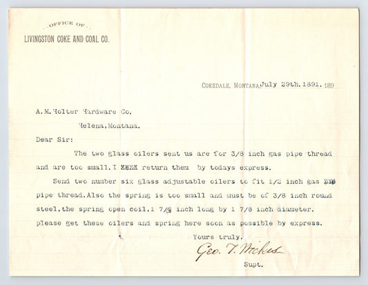 Cokedale, Montana July 29, 1891 typed business letter on Livingston Coke and Coal Co letterhead regarding glass oilers and gas pipe fittings