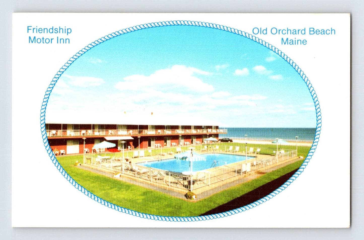 Old Orchard Beach Maine Friendship Motor Inn motel pool ocean view 1970s postcard