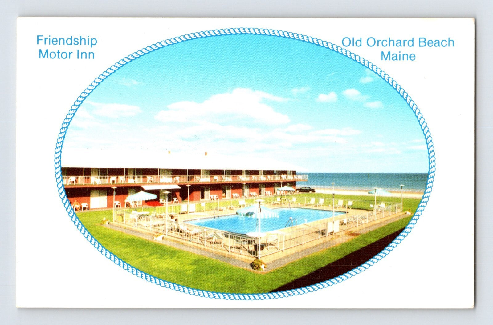 Old Orchard Beach Maine Friendship Motor Inn motel pool ocean view 1970s postcard