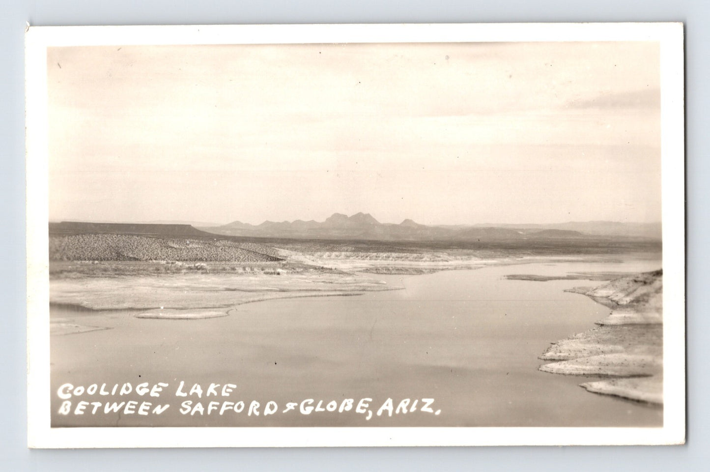 Coolidge Lake Arizona landscape between Safford and Globe with water and desert hills 1946 RPPC postcard