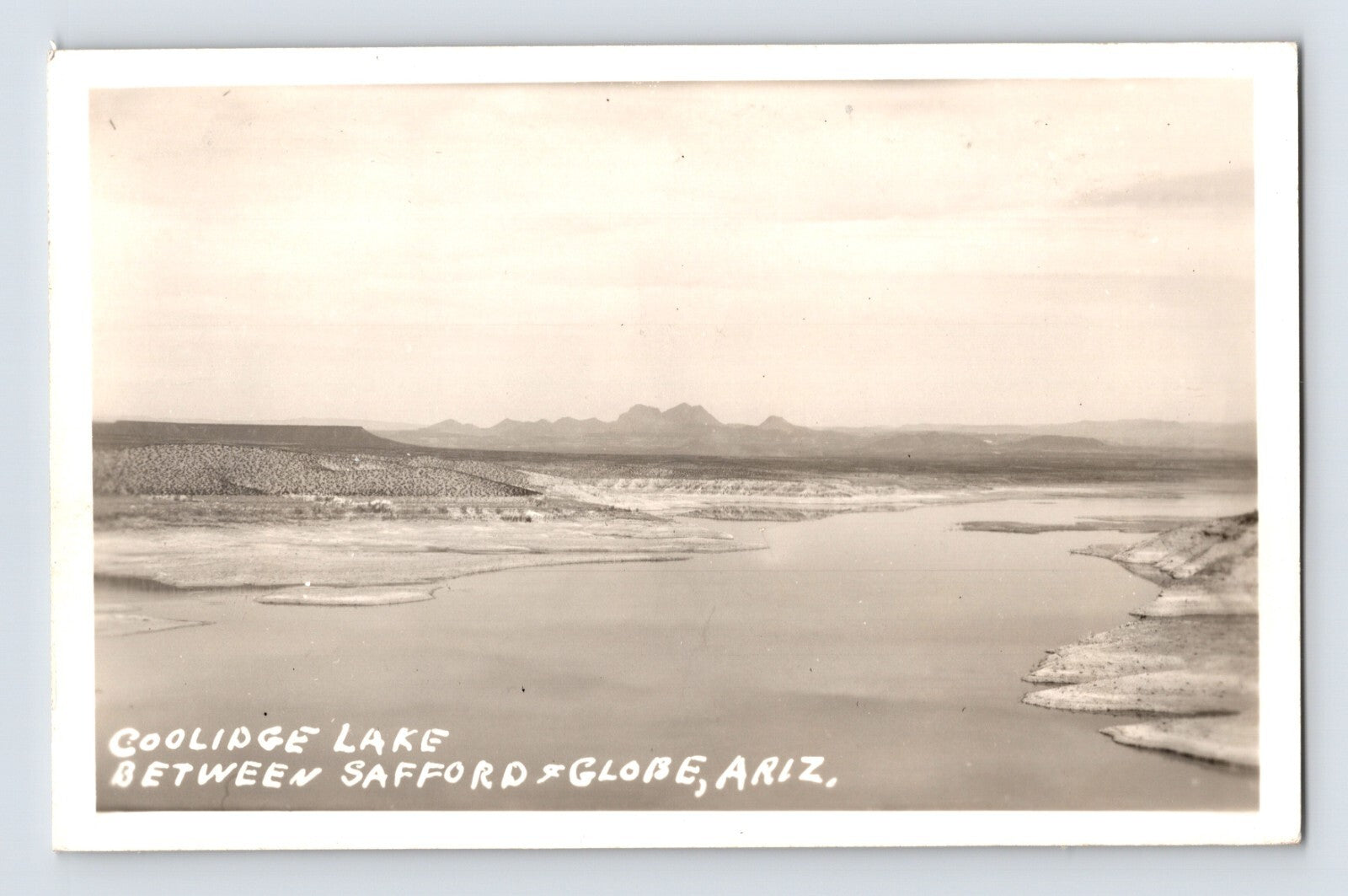 Coolidge Lake Arizona landscape between Safford and Globe with water and desert hills 1946 RPPC postcard