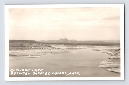 Coolidge Lake Arizona landscape between Safford and Globe with water and desert hills 1946 RPPC postcard