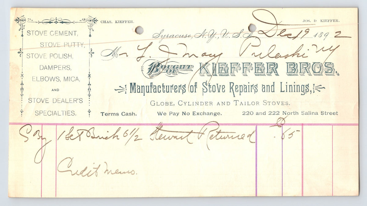 Syracuse New York 1892 Kiefer Brothers Stoves Billhead 8 x 4.5