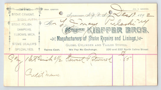 Syracuse New York 1892 Kiefer Brothers Stoves Billhead 8 x 4.5