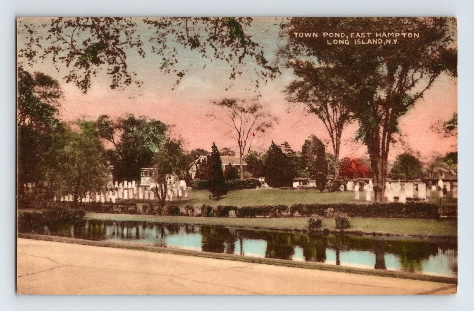 East Hampton Long Island New York Town Pond trees reflections hand colored 1920s postcard