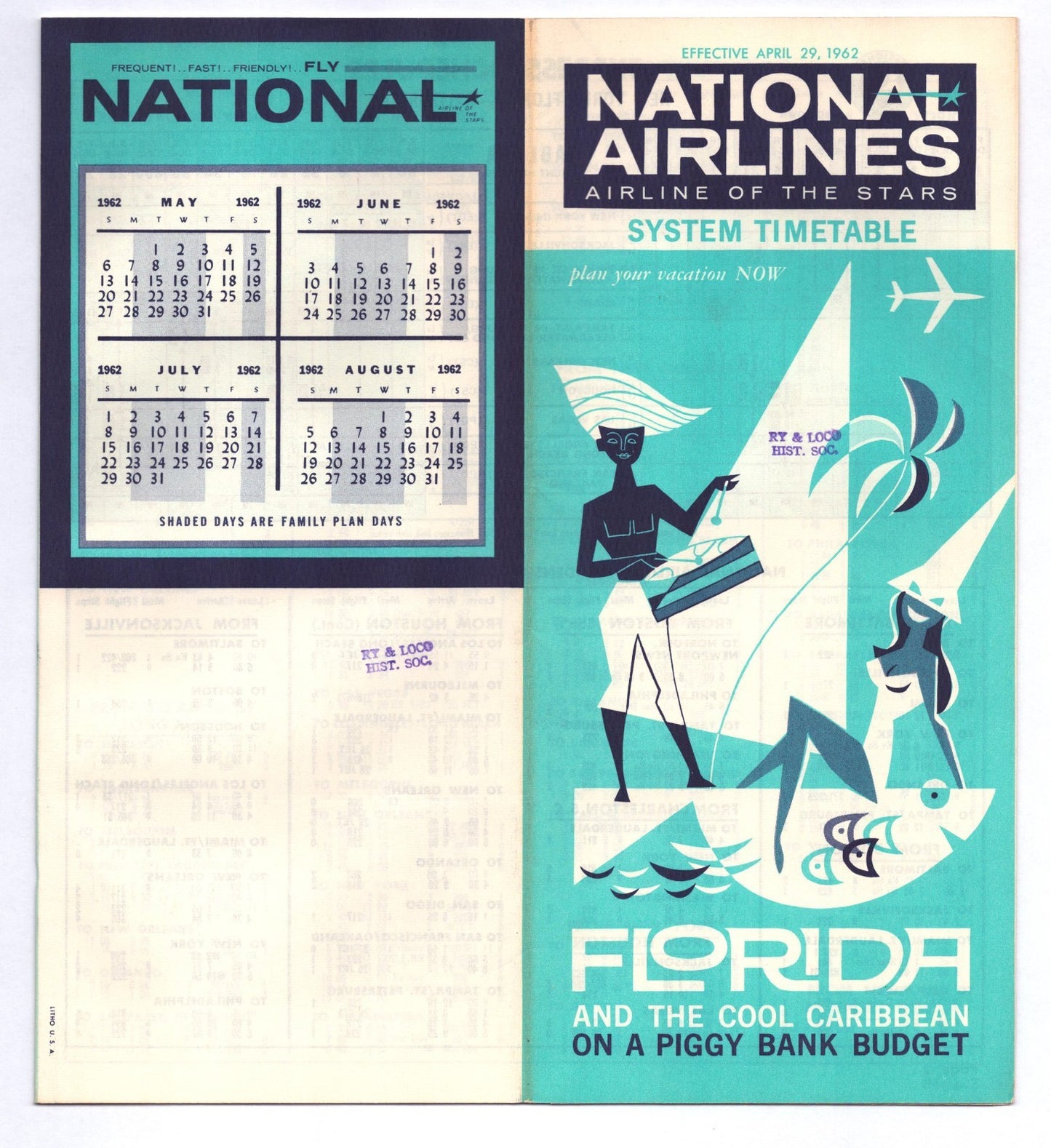 National Airlines system timetable cover with calendar and travel-themed design