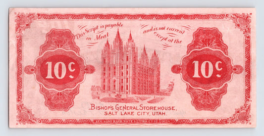 1898 Bishop's General Storehouse meat scrip ten cent note with Salt Lake Temple vignette and cancellation marks, Salt Lake City Utah currency