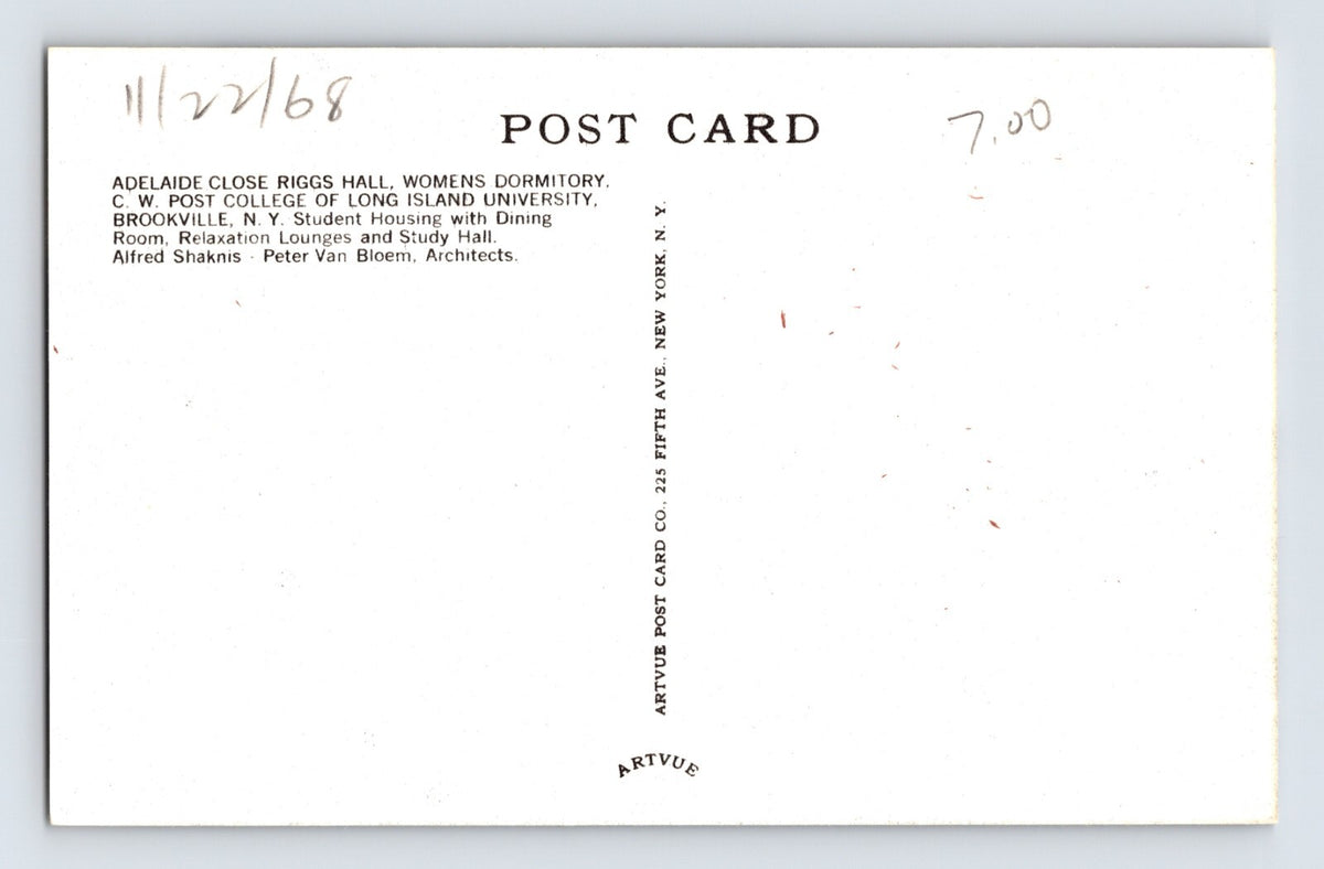 Long Island New York Post University Women’s Dormitory 1940s Postcard Unposted