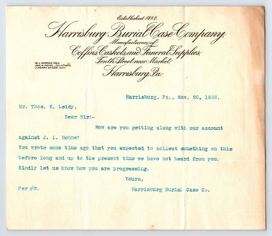 Harrisburg Pennsylvania burial case company funeral supplies 1906 letterhead typed correspondence