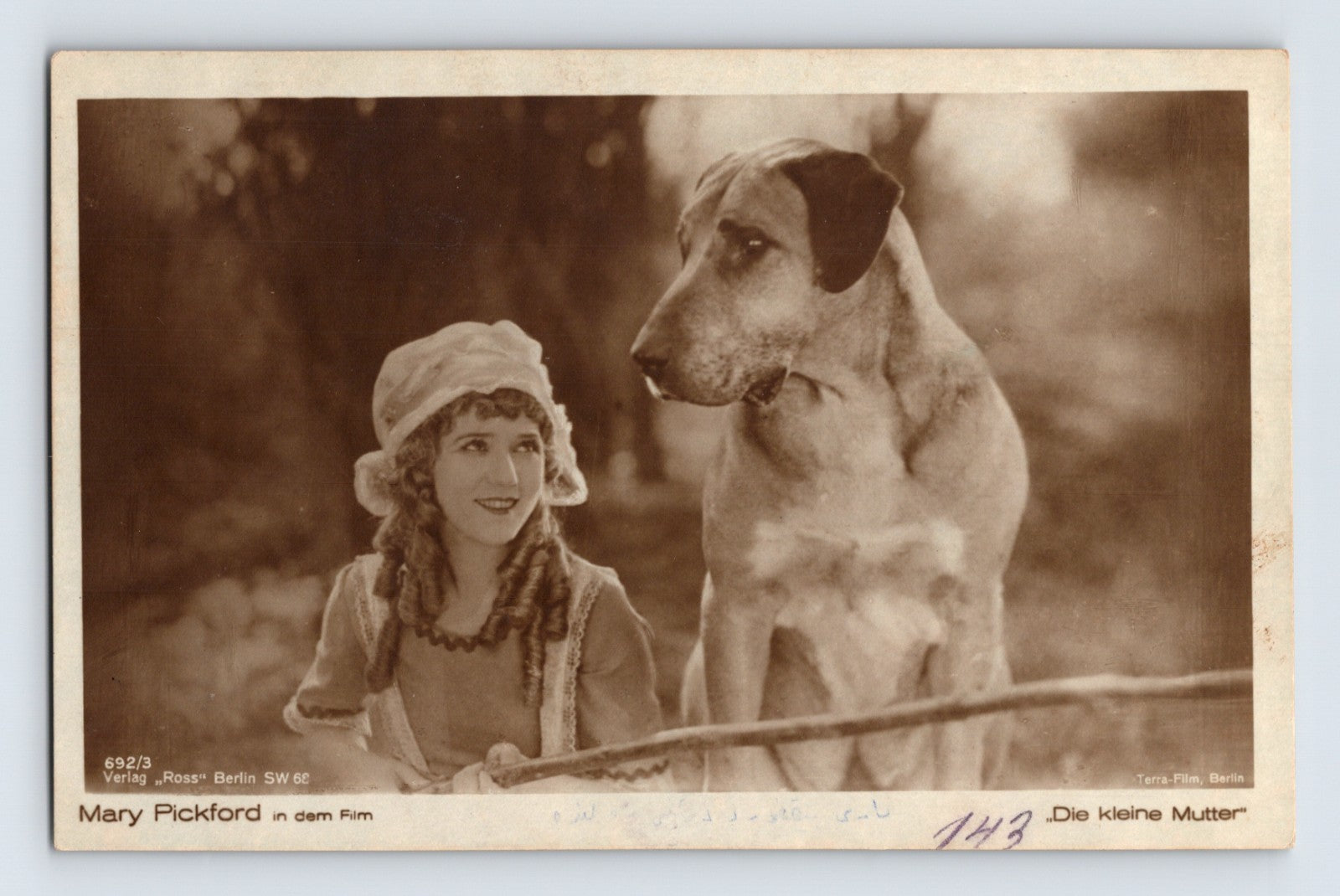 Mary Pickford seated beside large dog in film scene still from Die kleine Mutter Ross Verlag postcard