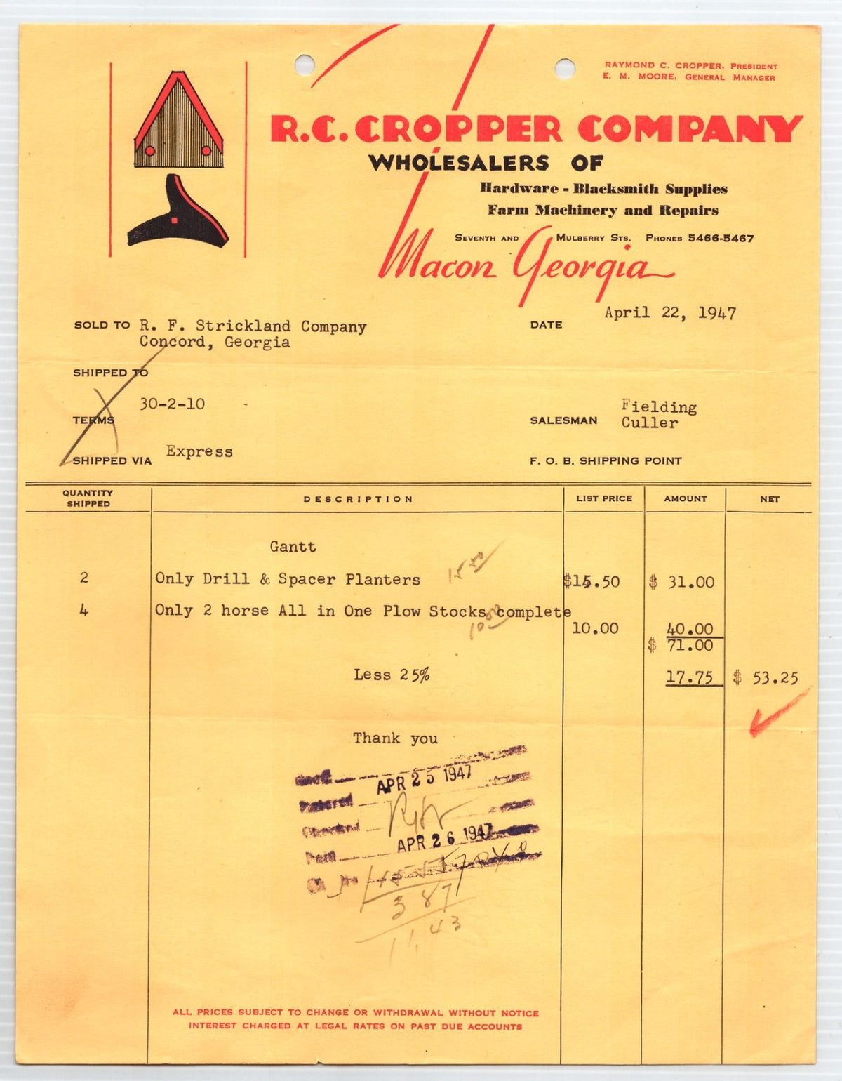 Macon Georgia R C Cropper Company farm machinery hardware billhead 1947