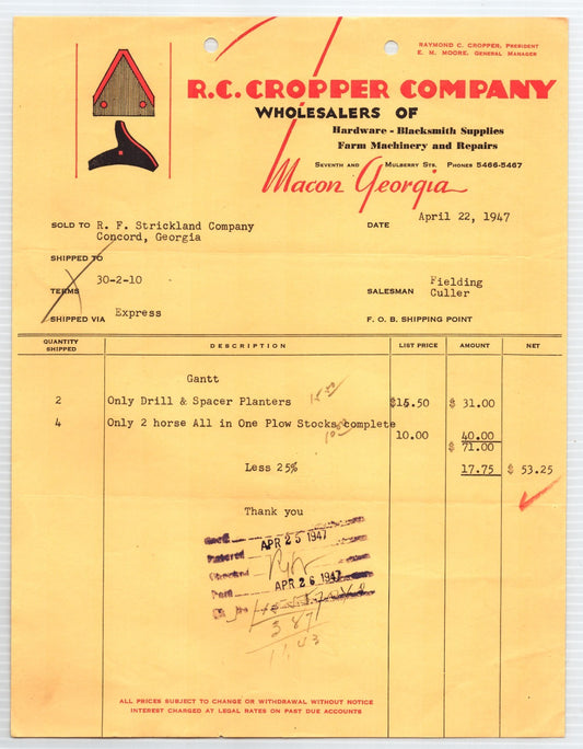 Macon Georgia R C Cropper Company farm machinery hardware billhead 1947