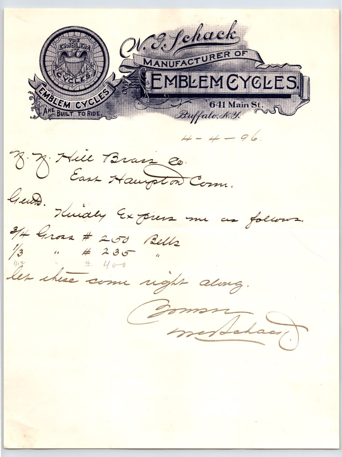W G Schack Emblem Cycles Buffalo New York 1896 Bicycle Letterhead 8.5 x 11