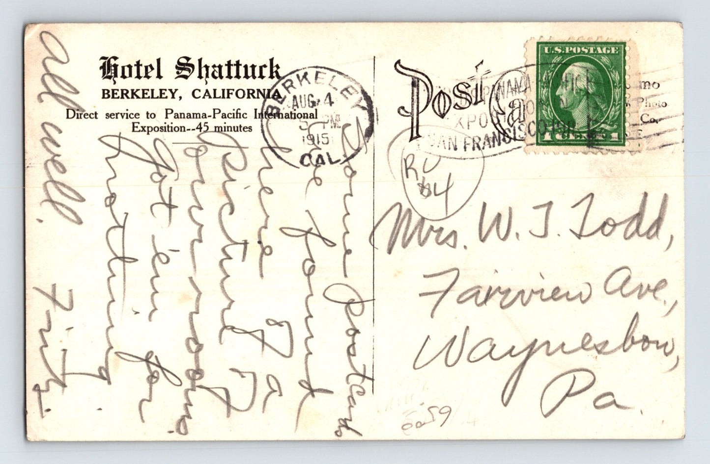 Berkeley California Hotel Shattuck Suite Interior 1915 RPPC Postcard Posted