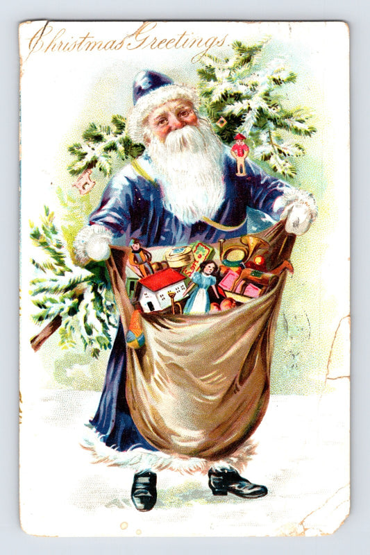 Santa Claus blue robe toy sack Christmas tree 1907 postcard vintage holiday card