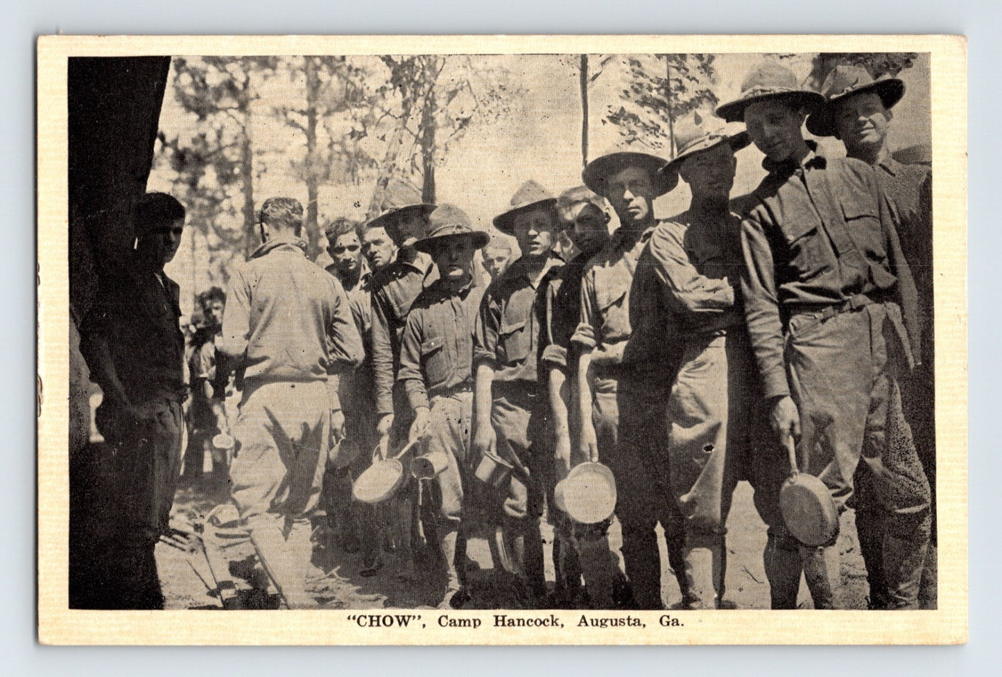 Augusta Georgia Camp Hancock army chow line soldiers mess tins 1920s postcard