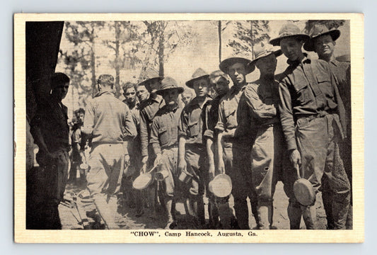 Augusta Georgia Camp Hancock army chow line soldiers mess tins 1920s postcard