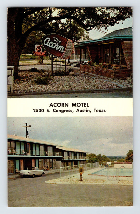 Color multi view postcard of Acorn Motel in Austin Texas showing roadside sign, office building, two story lodging units, and swimming pool