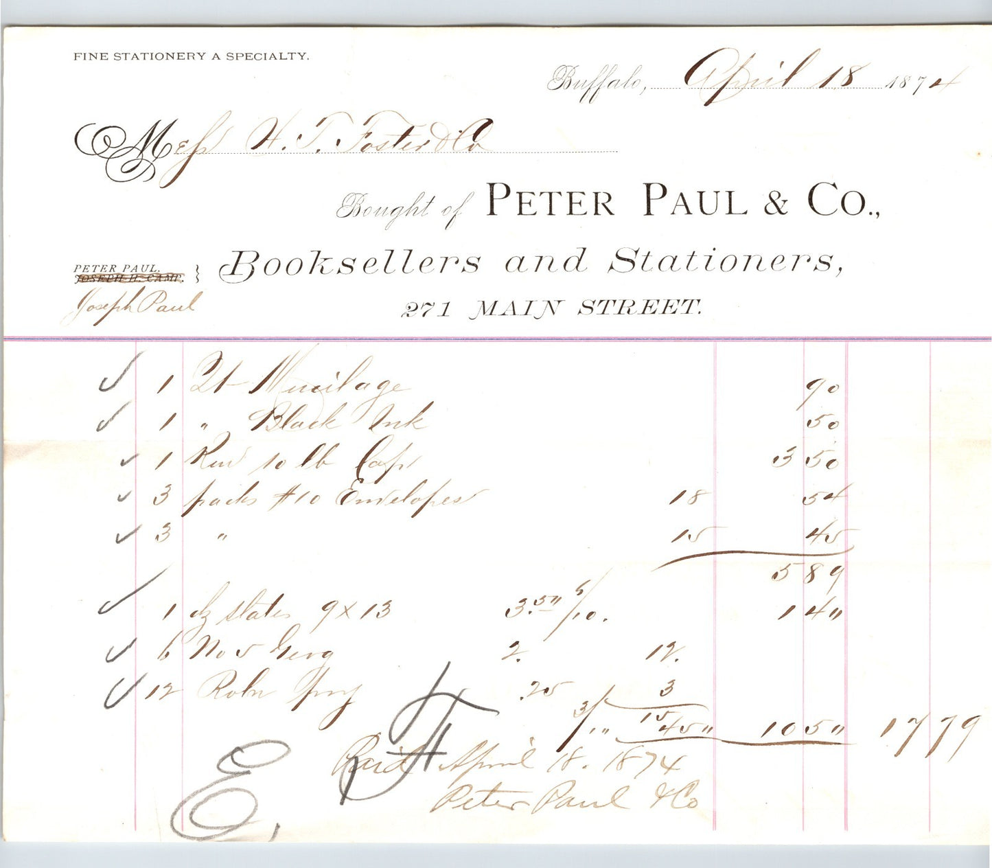 Buffalo New York 1874 Peter Paul Booksellers Stationers Billhead - 8.5 x 7