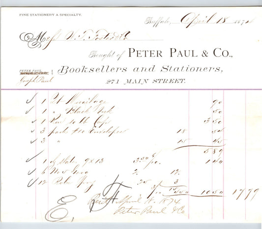Buffalo New York 1874 Peter Paul Booksellers Stationers Billhead - 8.5 x 7