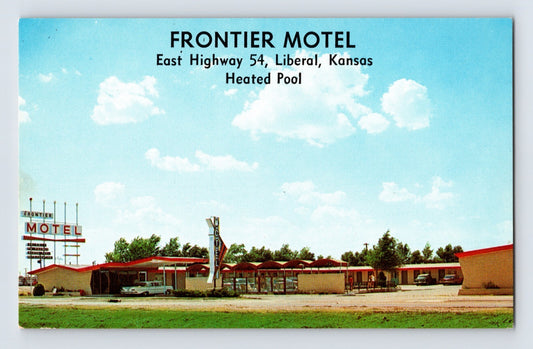 Liberal Kansas Frontier Motel Highway 54 cars mid century roadside chrome postcard